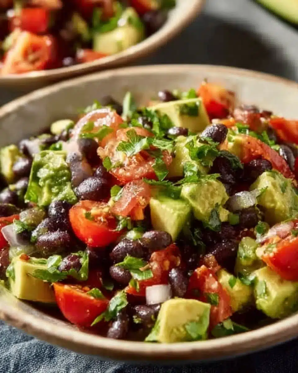 Healthy avocado and black bean salad served in a bowl