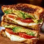 Avocado, mozzarella, and tomato grilled cheese sandwich on a wooden board.