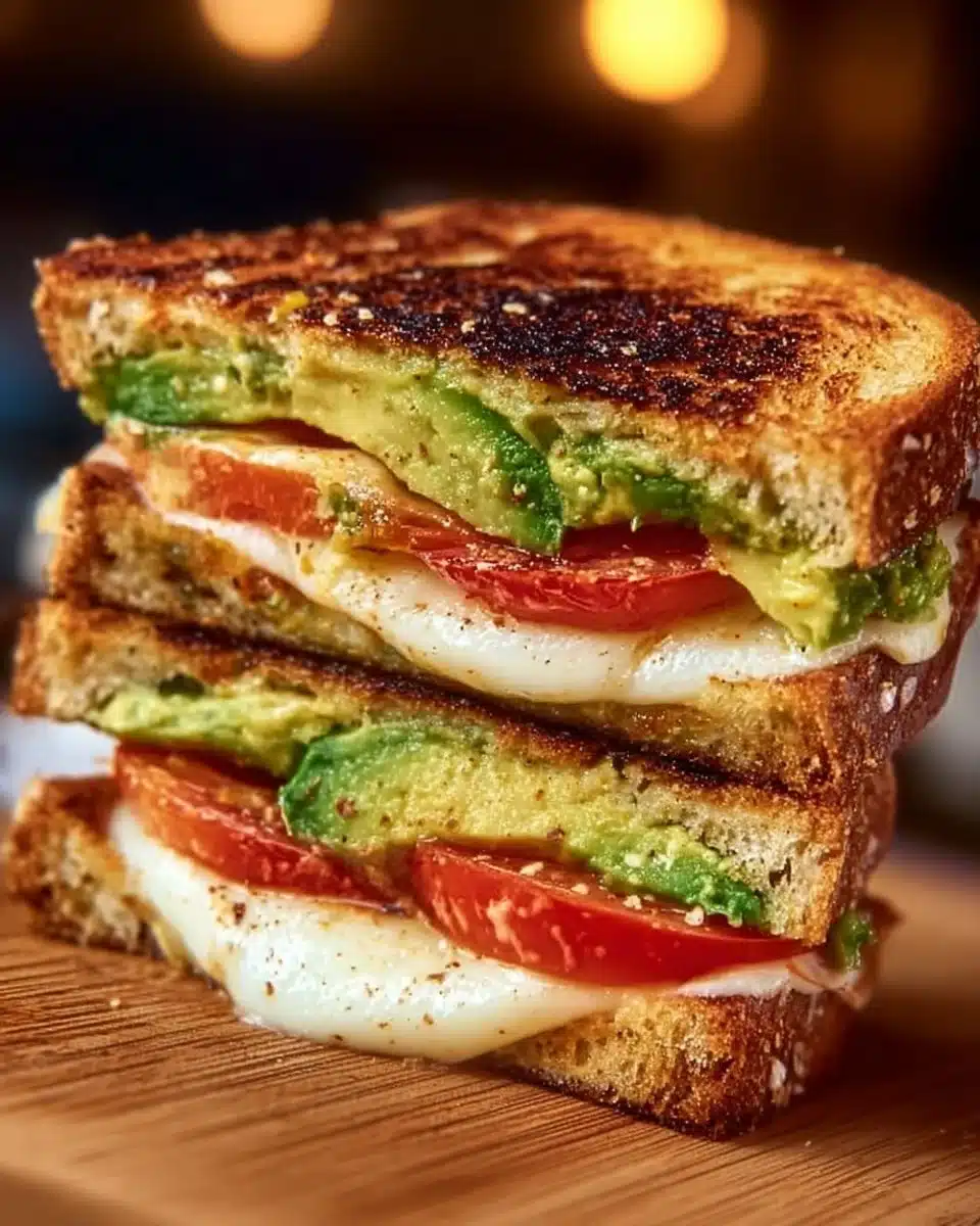 Avocado, mozzarella, and tomato grilled cheese sandwich on a wooden board.