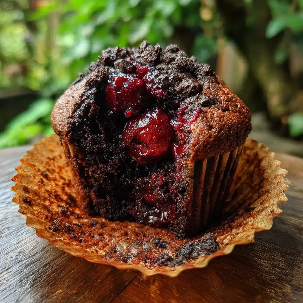 Black Forest Muffin topped with chocolate and cherries on a white plate