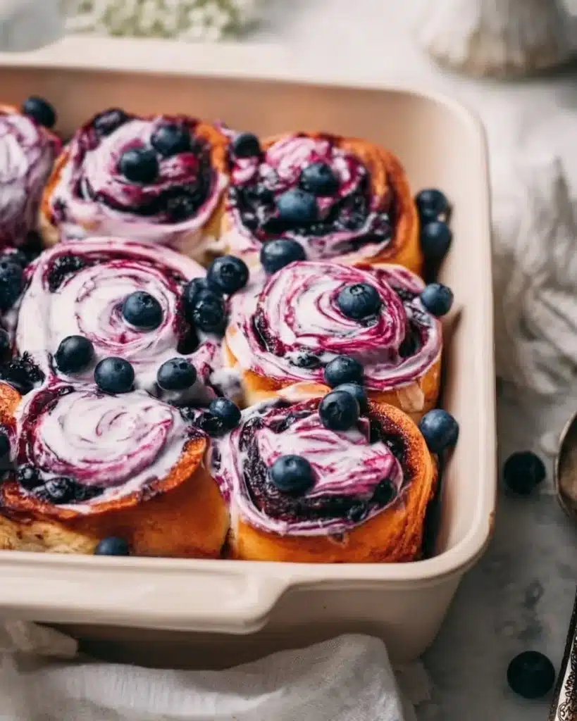 Freshly baked blueberry cinnamon rolls drizzled with icing