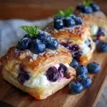 Delicious blueberry cream cheese puff pastry with fresh blueberries on top