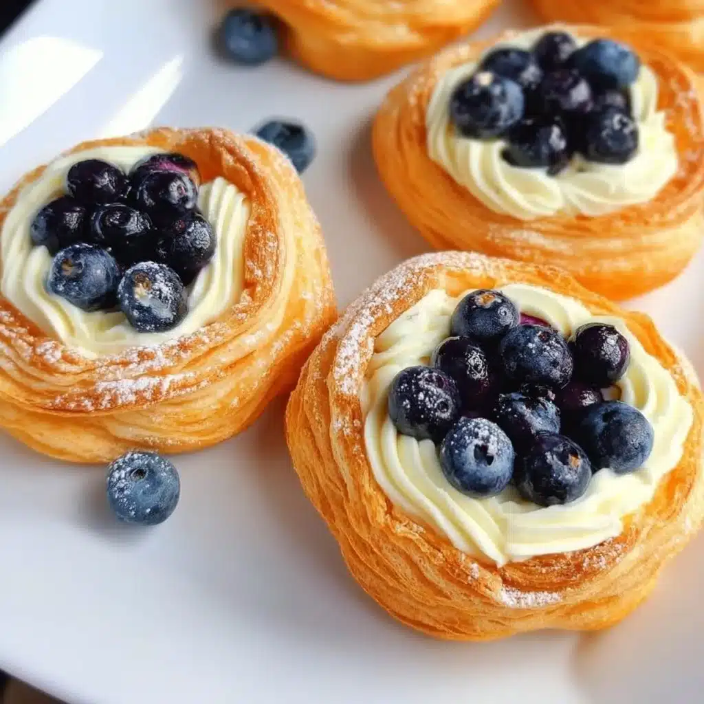 Blueberry pastry rings with vanilla cream filling on a plate