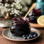 Jar of homemade blueberry vanilla jam with fresh blueberries and vanilla beans