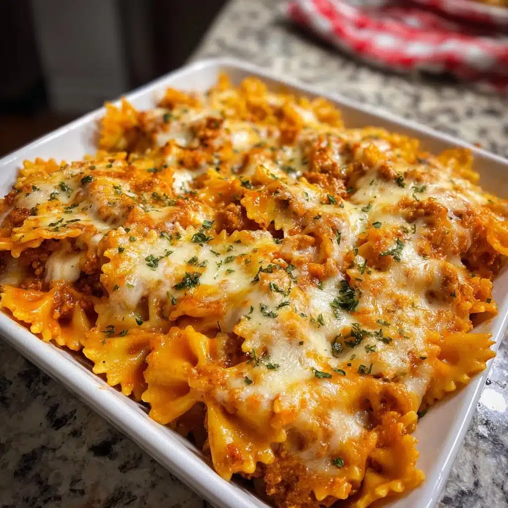 Homemade bow tie pasta lasagna layered with cheese and sauce.