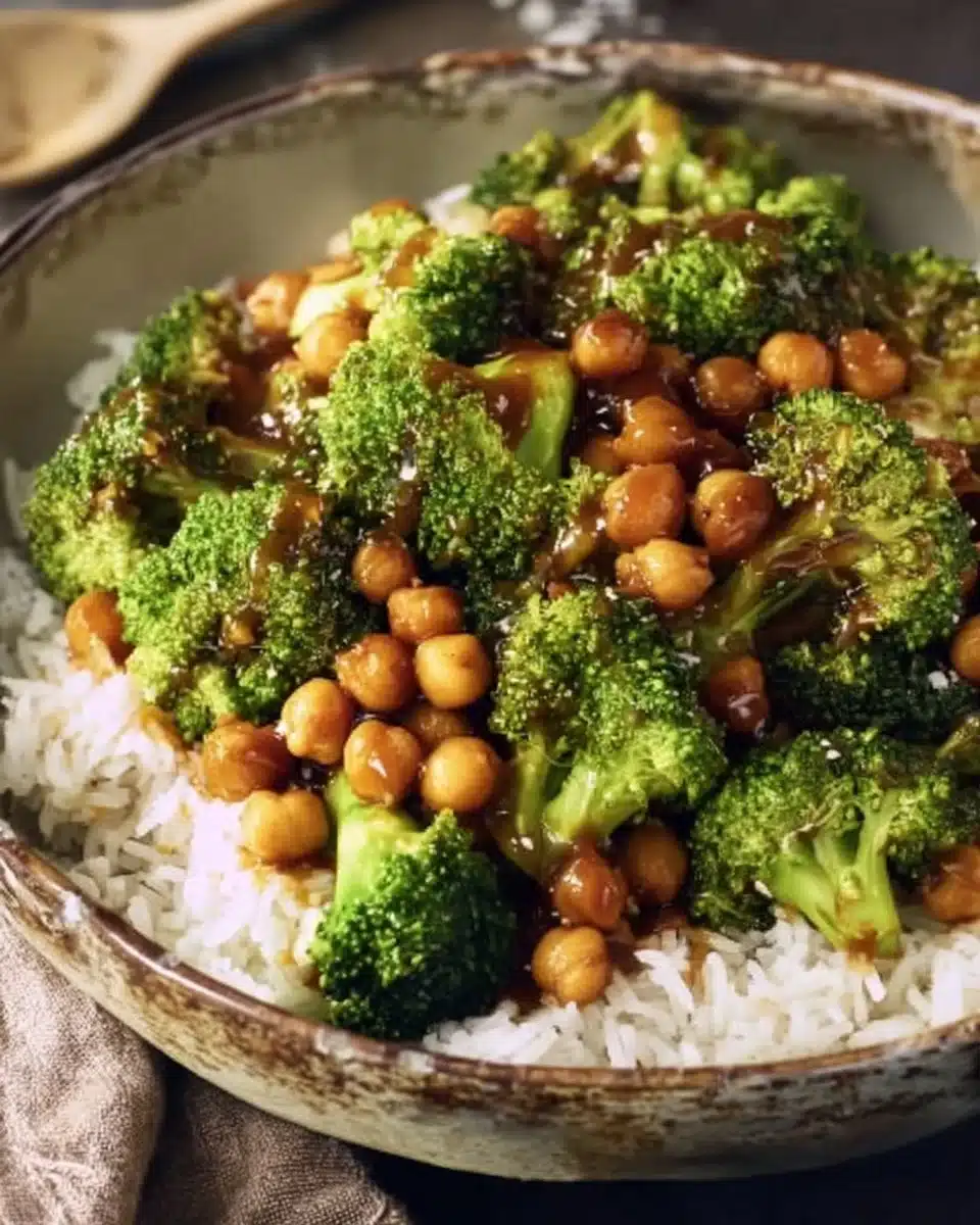 Delicious broccoli stir fry with chickpeas on a serving plate.