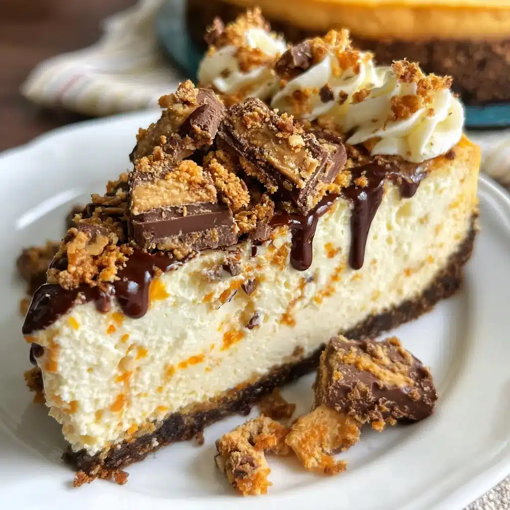 Delicious Butterfinger Cheesecake with chocolate drizzle and crushed Butterfinger toppings.