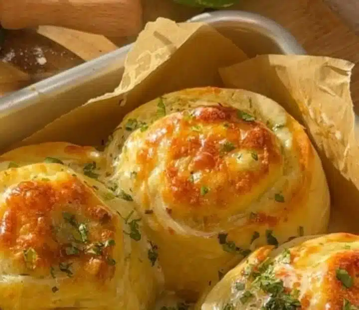 Buttery cheese garlic rolls fresh out of the oven, golden and cheesy.