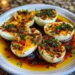 Cajun boiled eggs in spicy garlic butter sauce garnished with herbs
