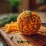 Delicious carrot cheese ball served on a platter with fresh herbs.