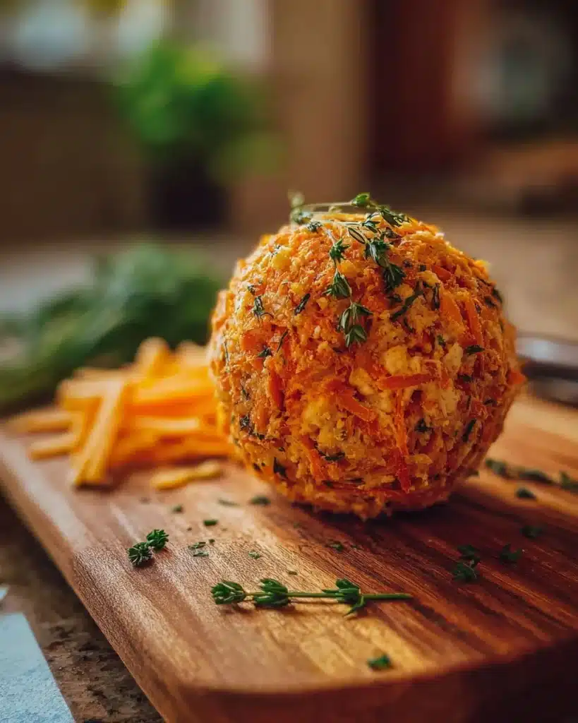Delicious carrot cheese ball served on a platter with fresh herbs.