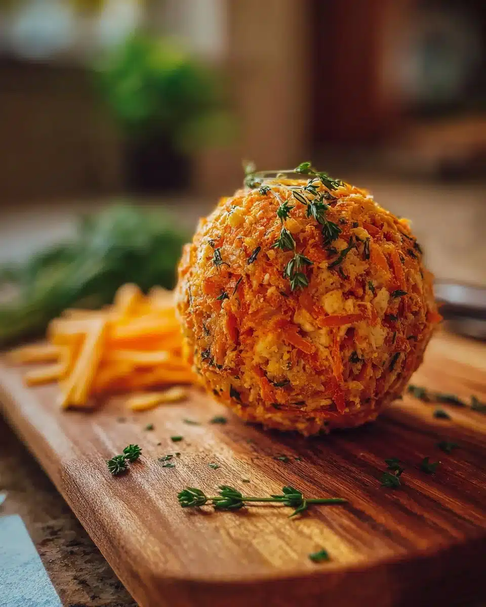Delicious carrot cheese ball served on a platter with fresh herbs.