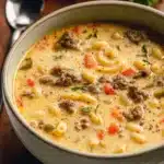 A bowl of creamy cheeseburger soup topped with cheese and bacon bits.