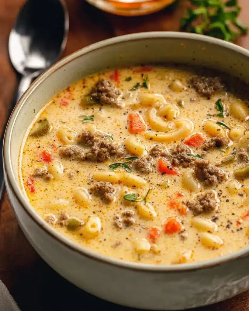 A bowl of creamy cheeseburger soup topped with cheese and bacon bits.