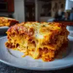 Cheesy beef lasagna served with fresh herbs and a side salad