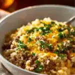 Cheesy ground beef and rice casserole served in a baking dish, garnished with herbs.