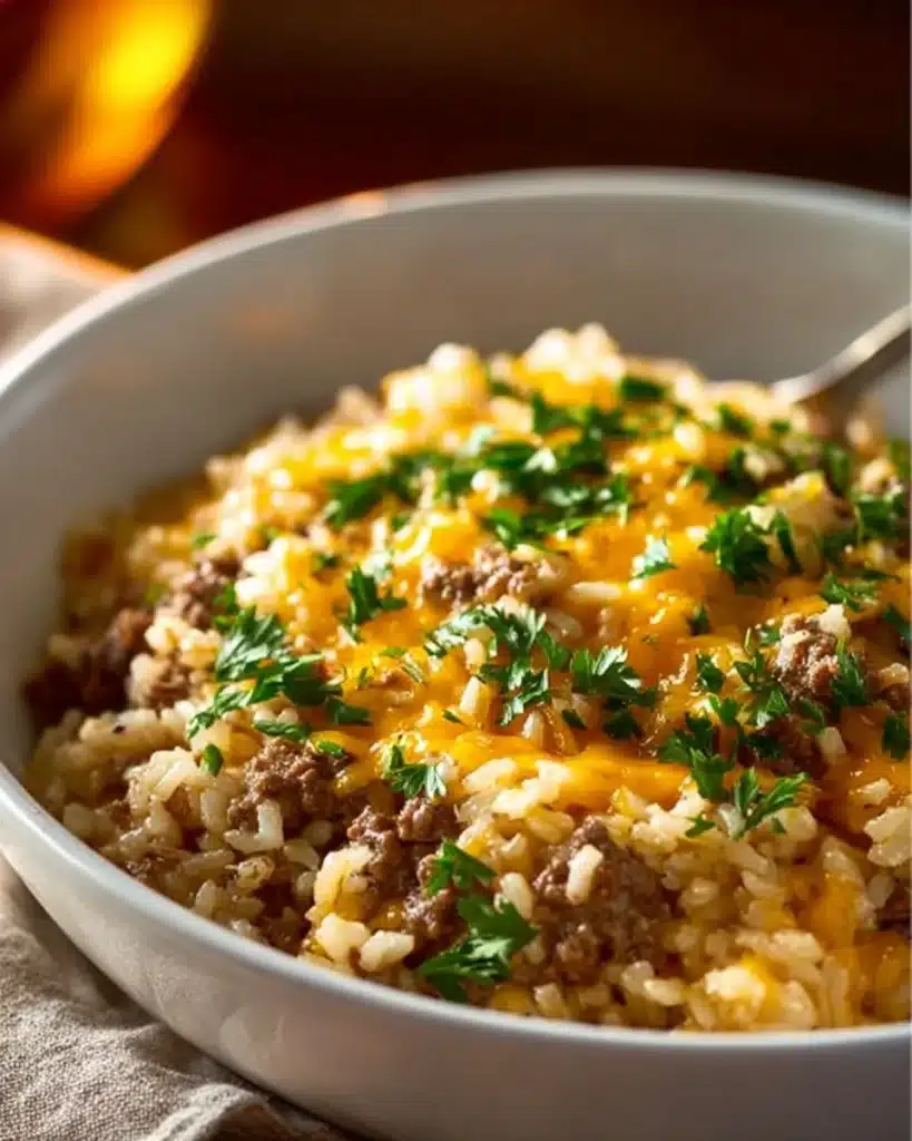 Cheesy ground beef and rice casserole served in a baking dish, garnished with herbs.