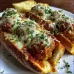Delicious cheesy meatball subs topped with melted cheese and marinara sauce