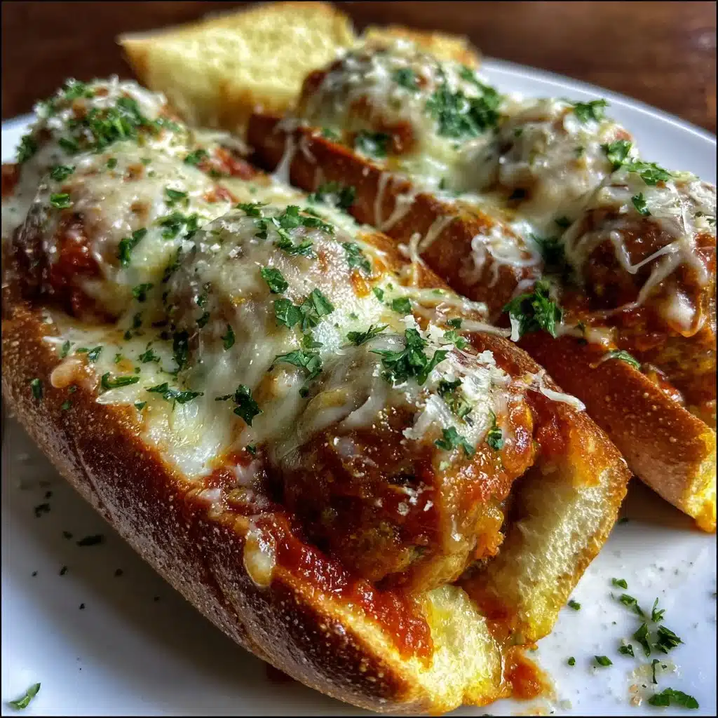 Delicious cheesy meatball subs topped with melted cheese and marinara sauce