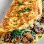 Cheesy mushroom and spinach omelet served on a plate