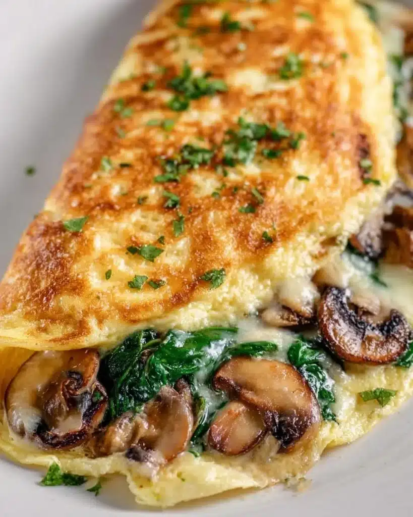 Cheesy mushroom and spinach omelet served on a plate