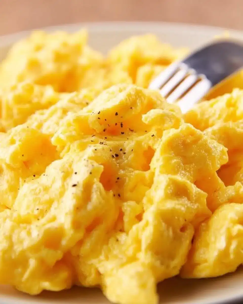 Plate of cheesy scrambled eggs garnished with herbs