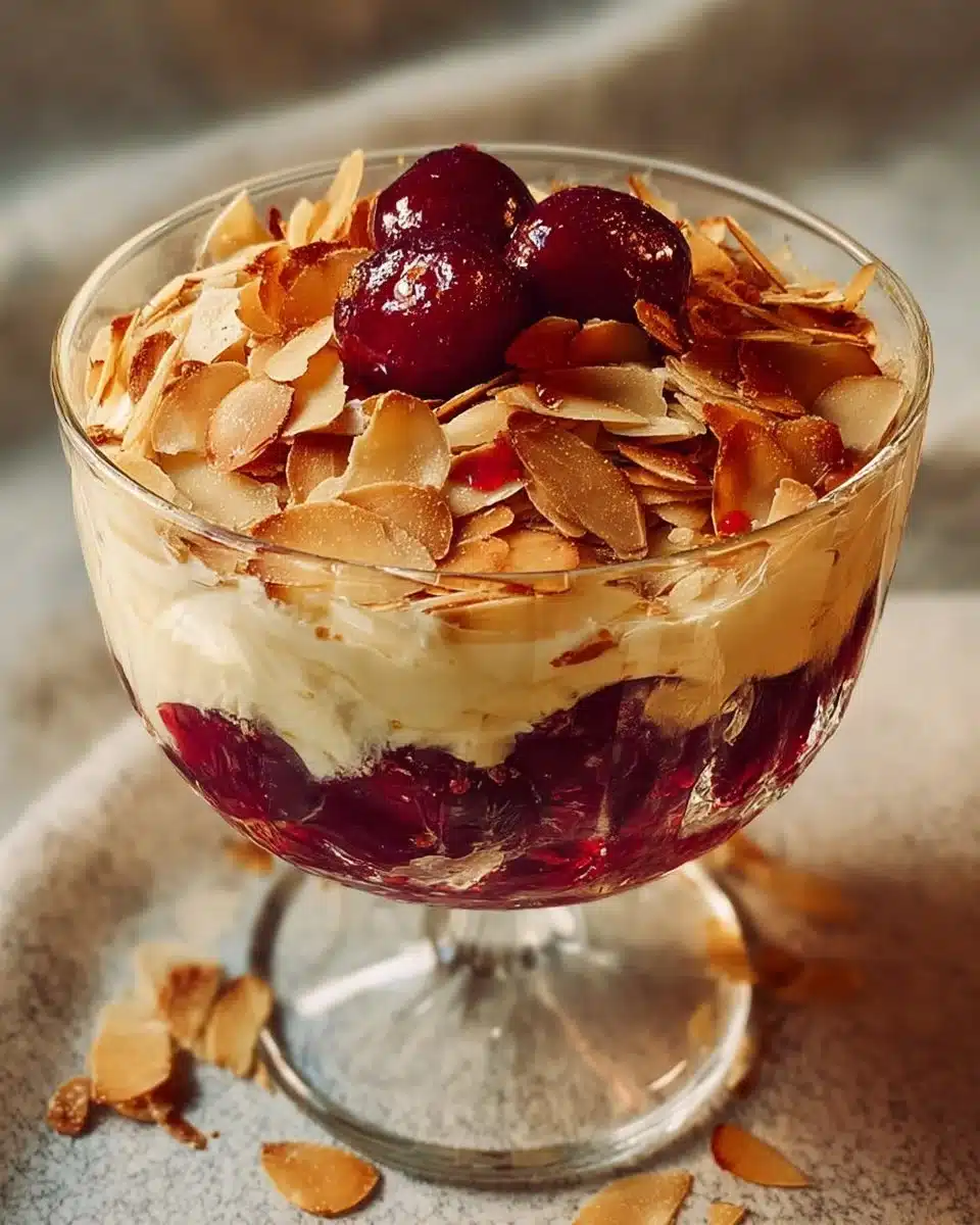 Delicious Cherry Almond dessert with cherries and almonds displayed attractively