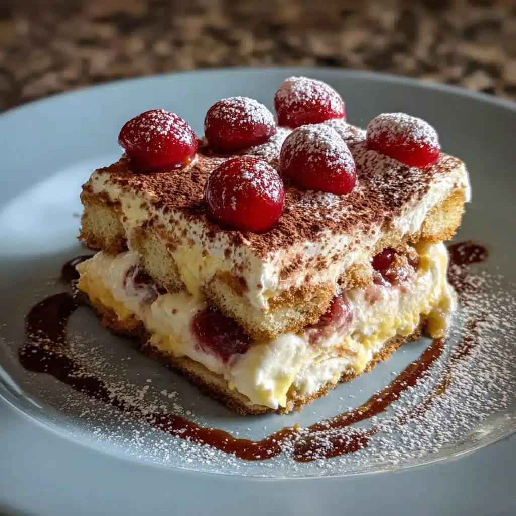 Cherry Amaretto Tiramisu dessert layered with cherries and rich amaretto flavor