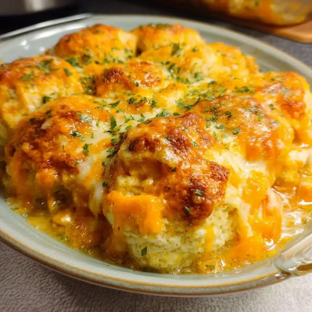 Delicious Chicken Biscuit Bake Casserole ready to serve, featuring flaky biscuits and tender chicken.