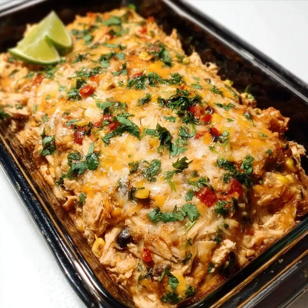 Delicious Chicken Burrito Casserole topped with cheese and fresh ingredients