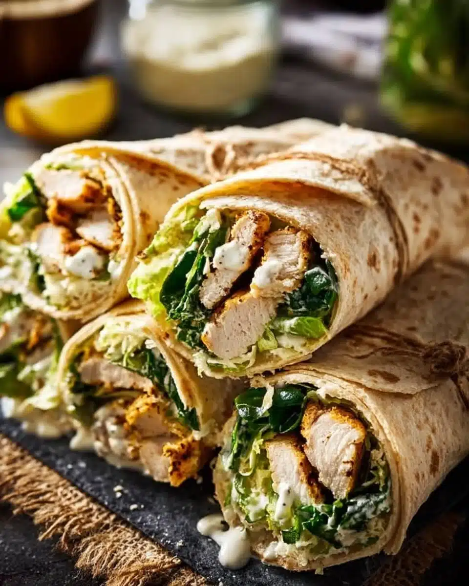 Delicious Chicken Caesar Wrap with grilled chicken, lettuce, and Caesar dressing