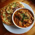 Delicious Chicken Curry served with fluffy Paratha on a plate