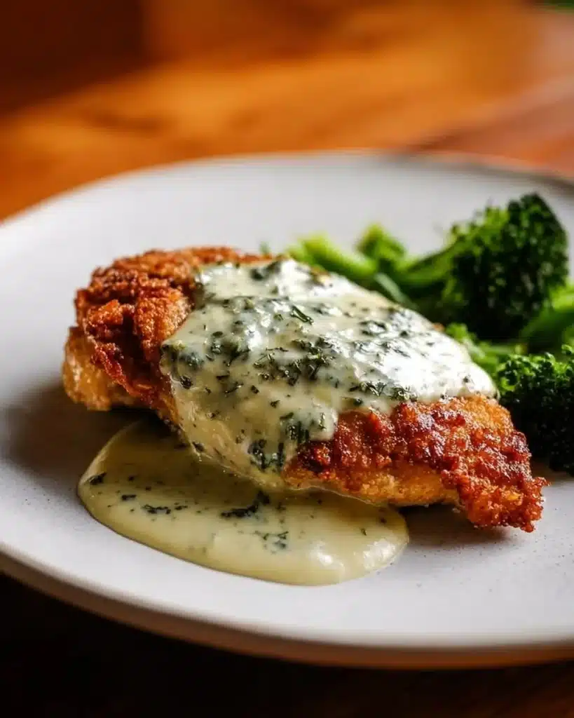 Chicken served in a creamy basil sauce garnished with fresh basil leaves.