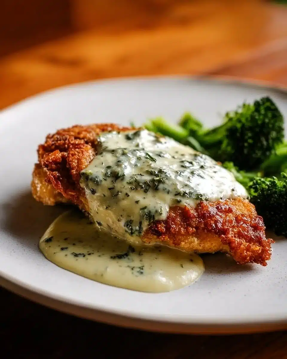 Chicken served in a creamy basil sauce garnished with fresh basil leaves.