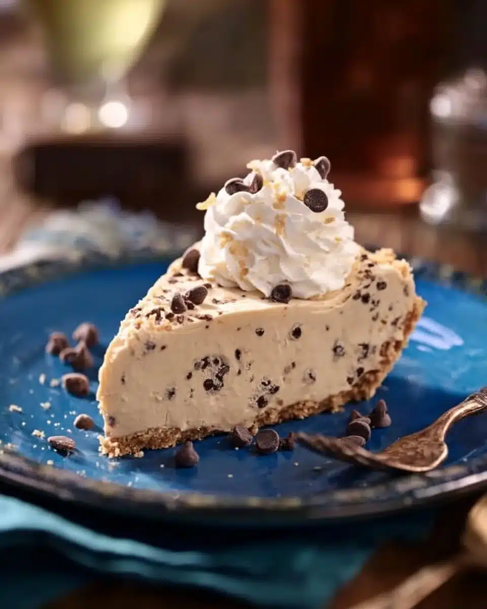 Chocolate chip peanut butter pie topped with melted chocolate and crunchy peanuts