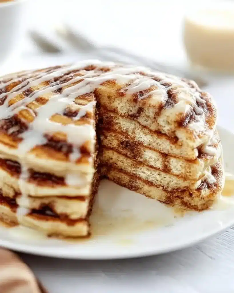 Fluffy cinnamon roll pancakes drizzled with icing atop a breakfast plate.