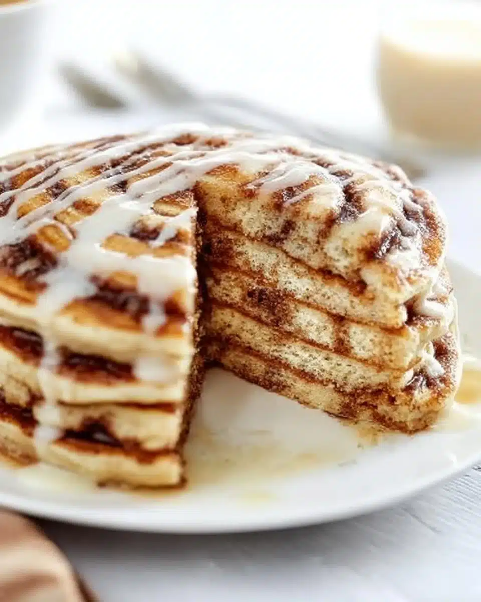 Fluffy cinnamon roll pancakes drizzled with icing atop a breakfast plate.