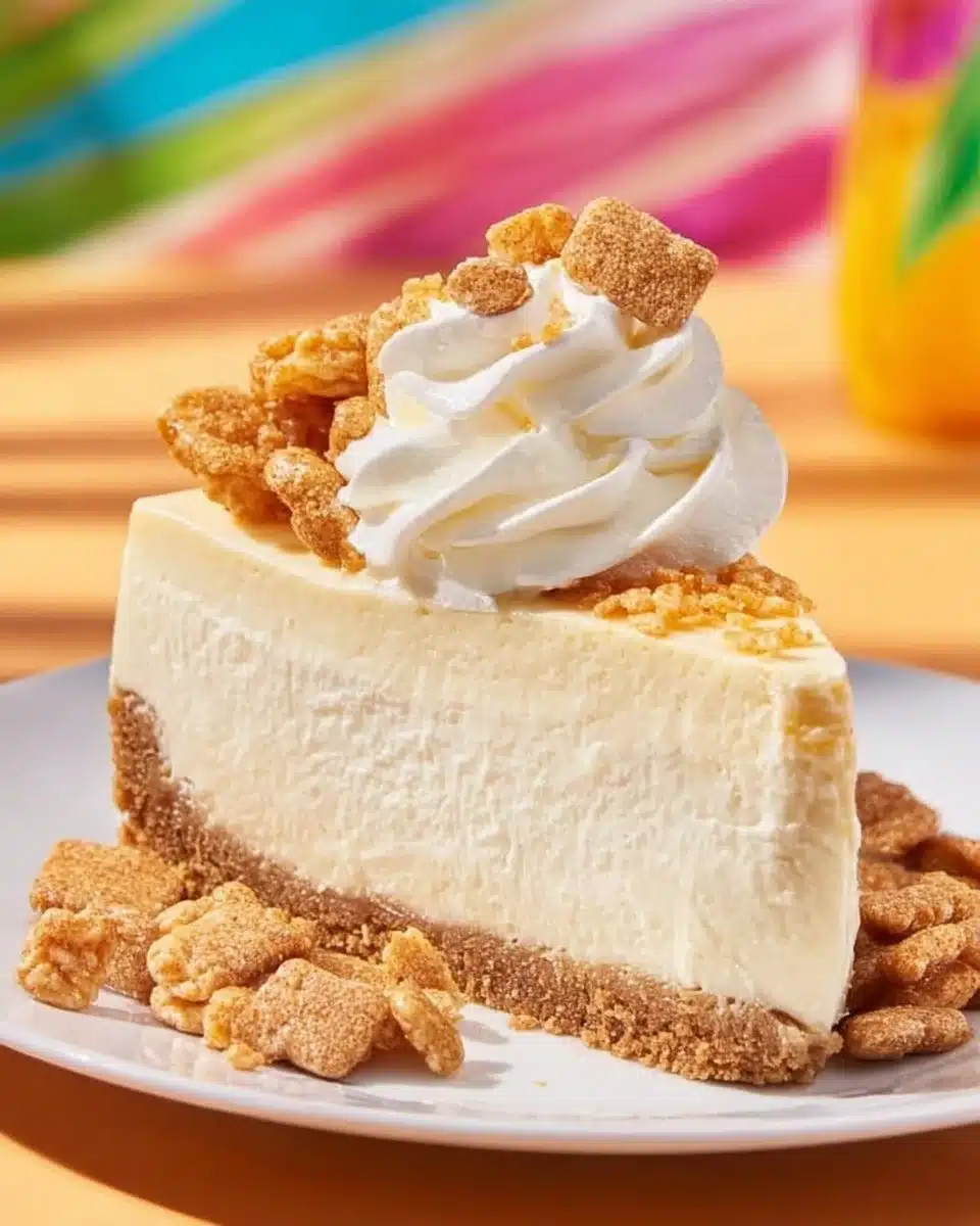 Delicious Cinnamon Toast Crunch Cheesecake topped with cereal and whipped cream