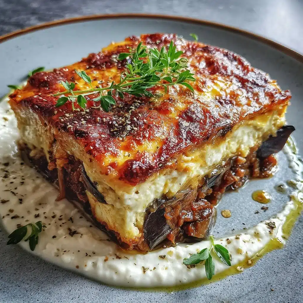 Delicious classic Greek eggplant moussaka in a baking dish