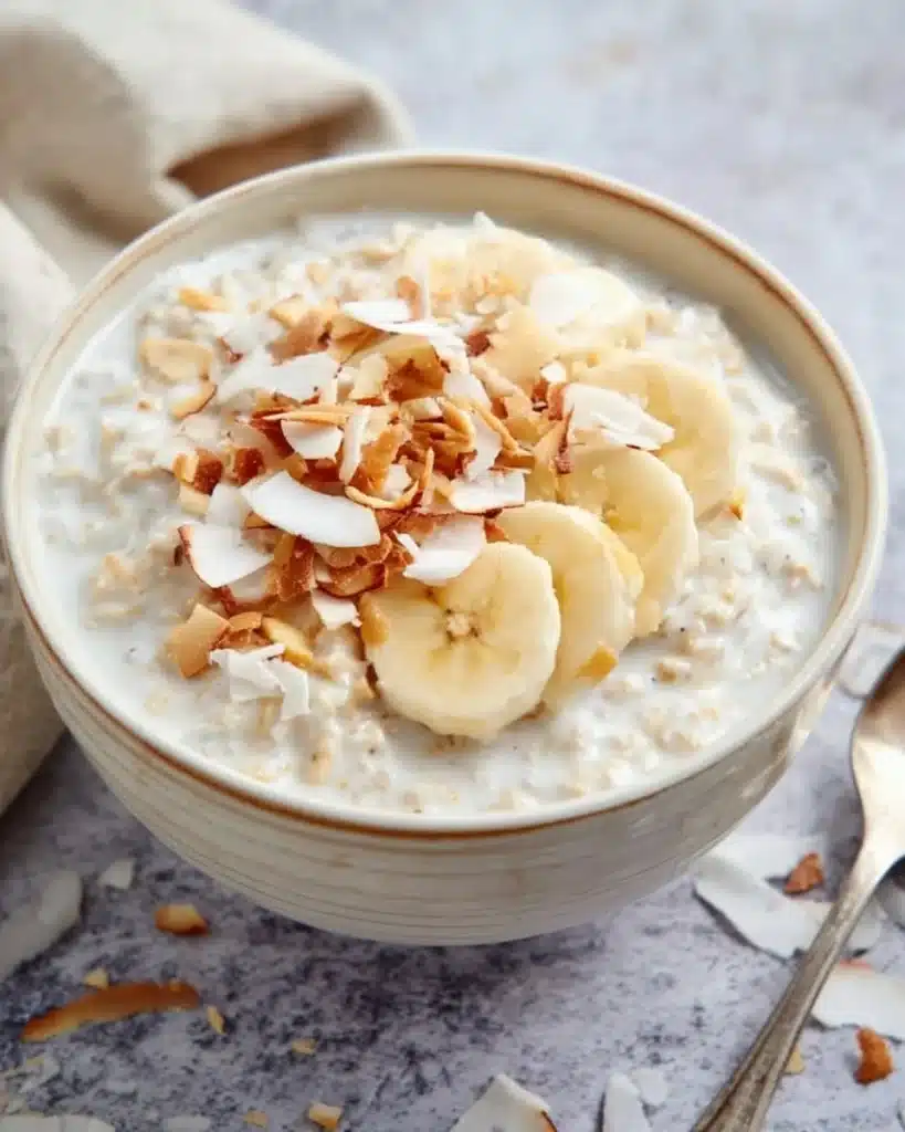 Delicious Coconut Cream Pie Overnight Oats topped with coconut flakes and fruit