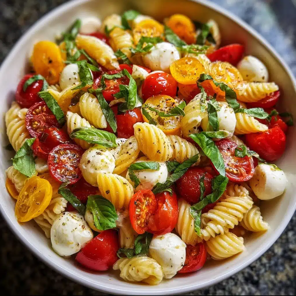 Colorful Caprese Pasta Salad with tomatoes, mozzarella, and basil