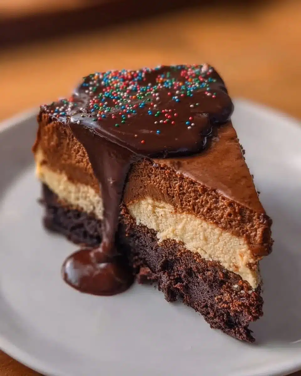 Slice of Cosmic Brownie Cheesecake topped with brownie pieces and chocolate drizzle