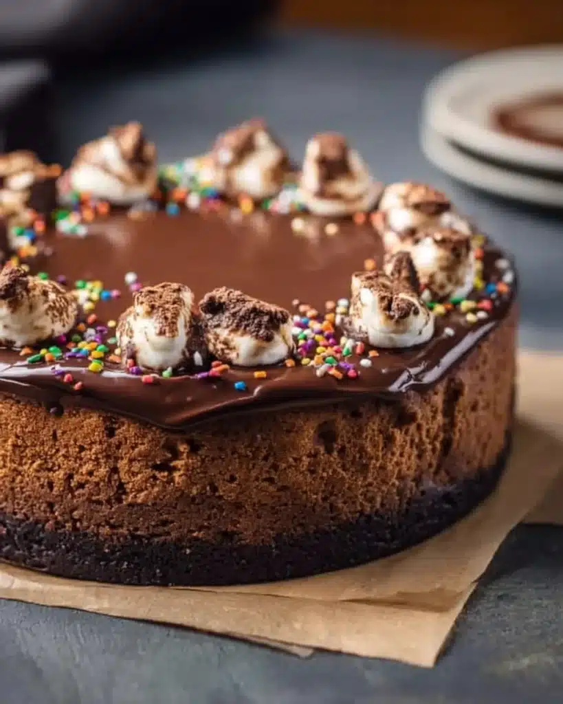 Delicious Cosmic Brownie Cheesecake with chocolate and brownie toppings