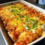 Cream Cheese Chicken Enchiladas topped with cheese and fresh herbs