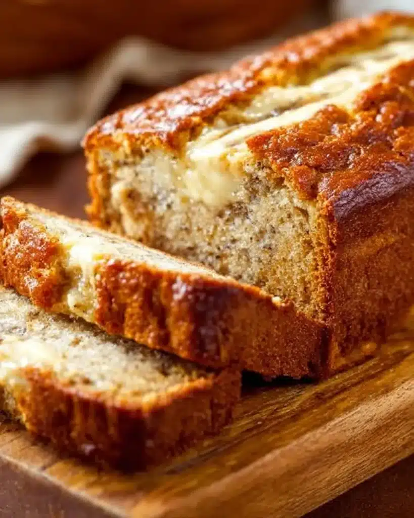 Slice of cream cheese-filled banana bread on a wooden cutting board