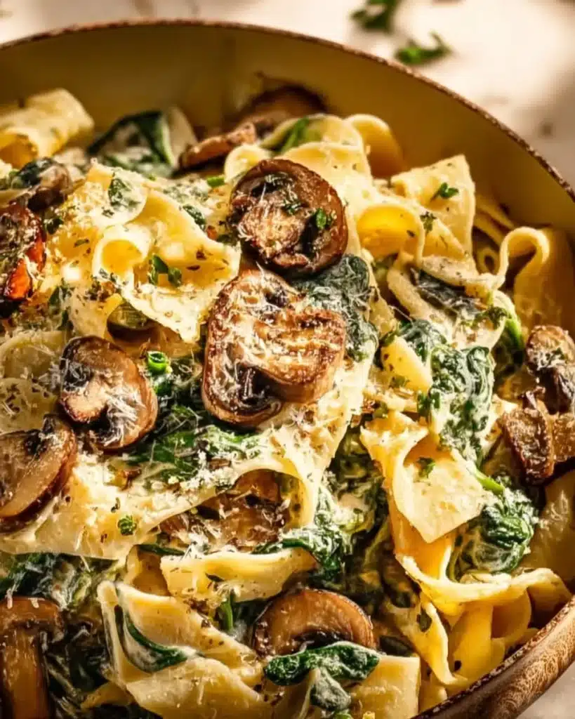 Creamy Parmesan Spinach Mushroom Pasta garnished with fresh herbs in a bowl