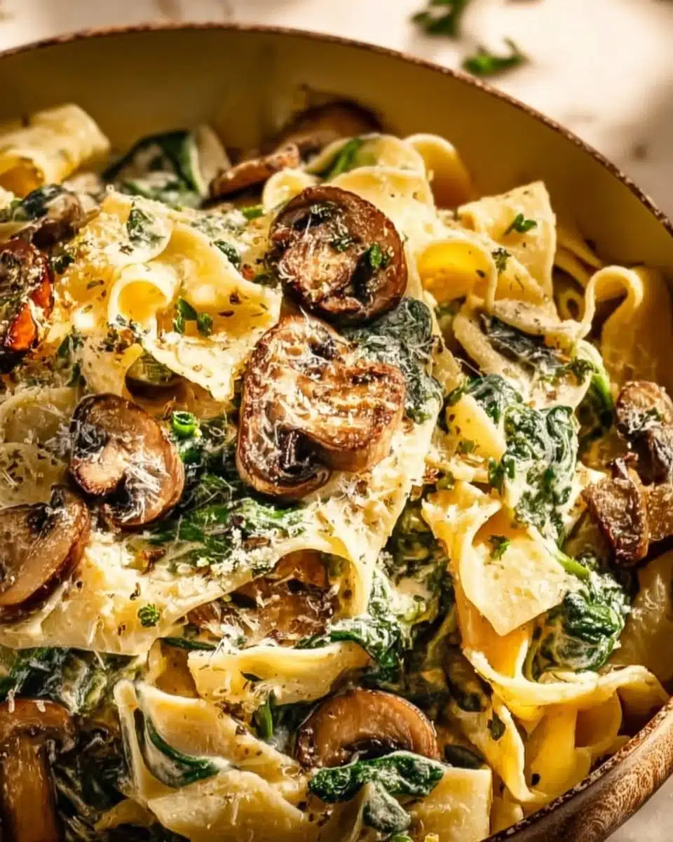 Creamy Parmesan Spinach Mushroom Pasta garnished with fresh herbs in a bowl