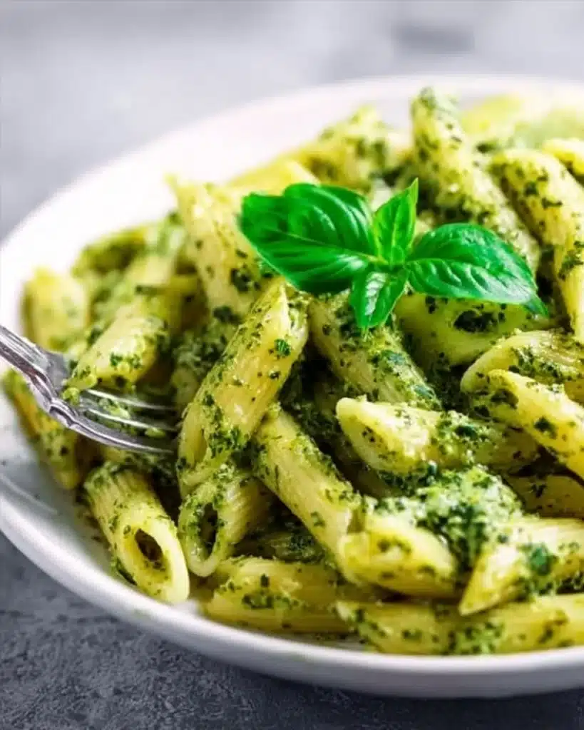 Creamy pesto pasta with fresh herbs and a rich sauce