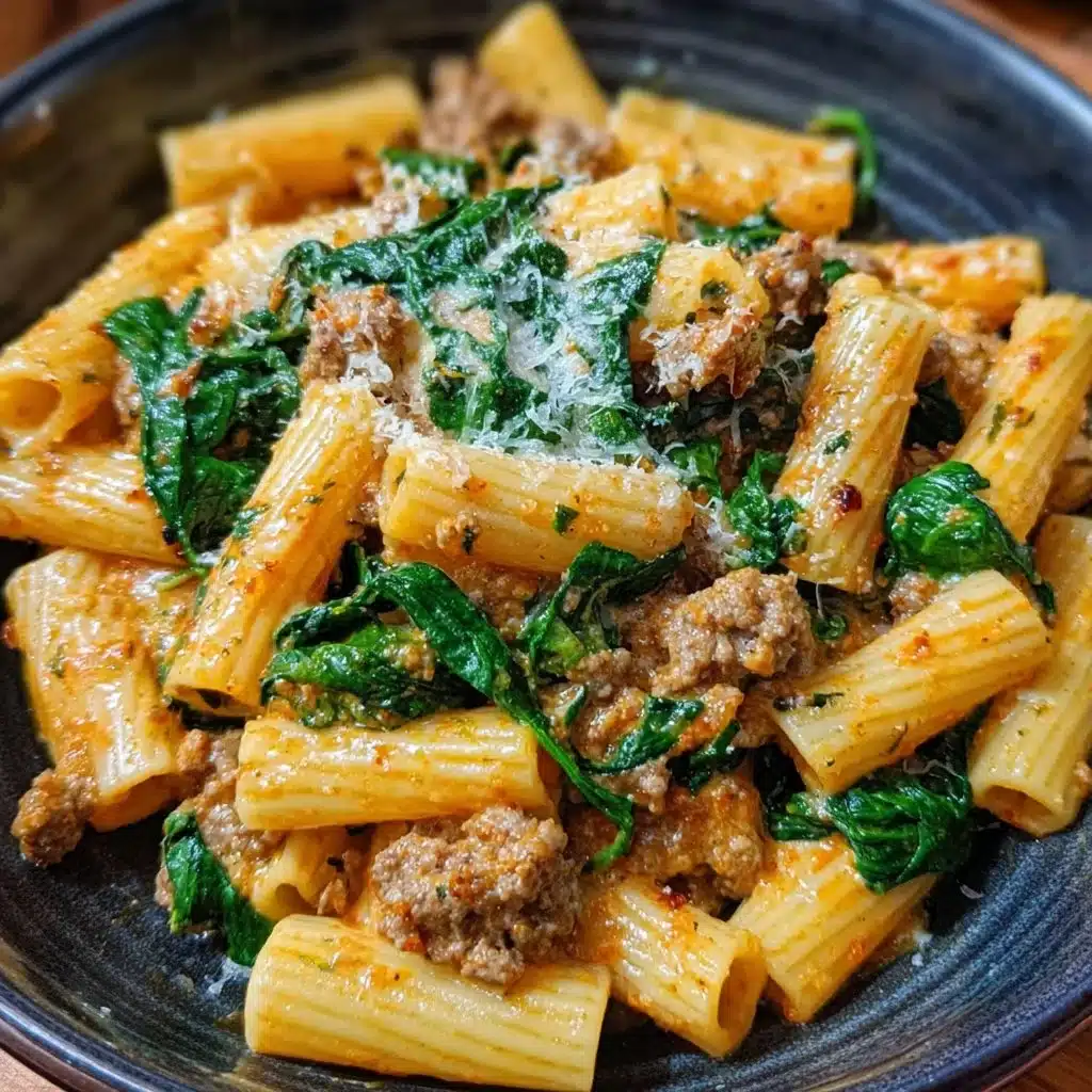 Creamy sausage rigatoni with spinach in a bowl, garnished with parmesan cheese
