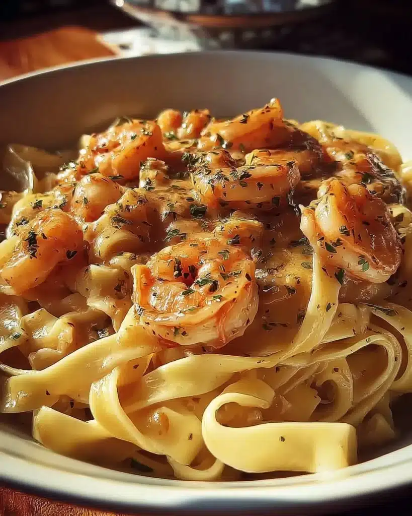 Creamy shrimp fettuccine pasta topped with Alfredo sauce and herbs